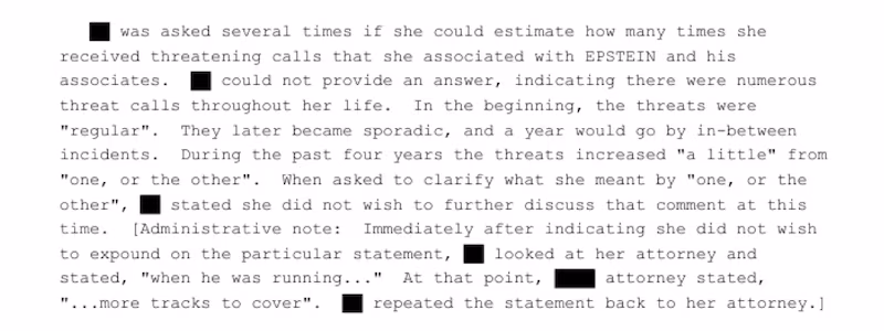 An extract from the Epstein files where a woman told FBI investigators that she received "numerous threat calls throughout her life" after she allegedly was sexually abused by Jeffrey Epstein and Donald Trump.