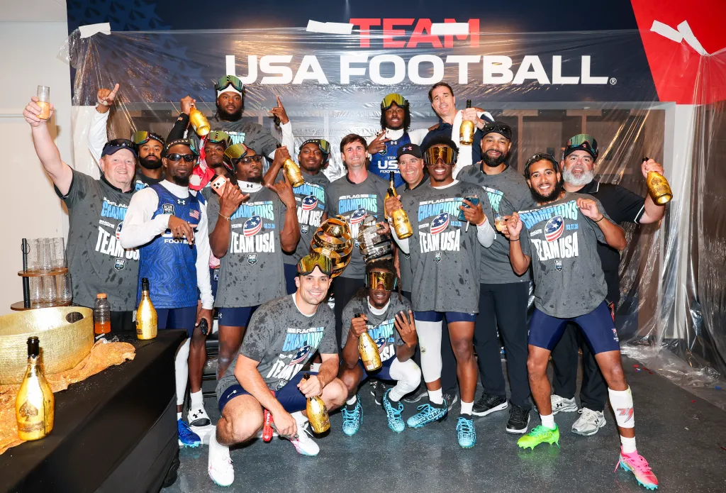 Fanatics Flag Football Classic champions celebrating with champagne.