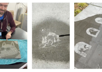 To make people smile when it rains, his sidewalk art appears only when wet