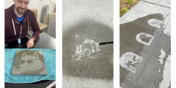 To make people smile when it rains, his sidewalk art appears only when wet