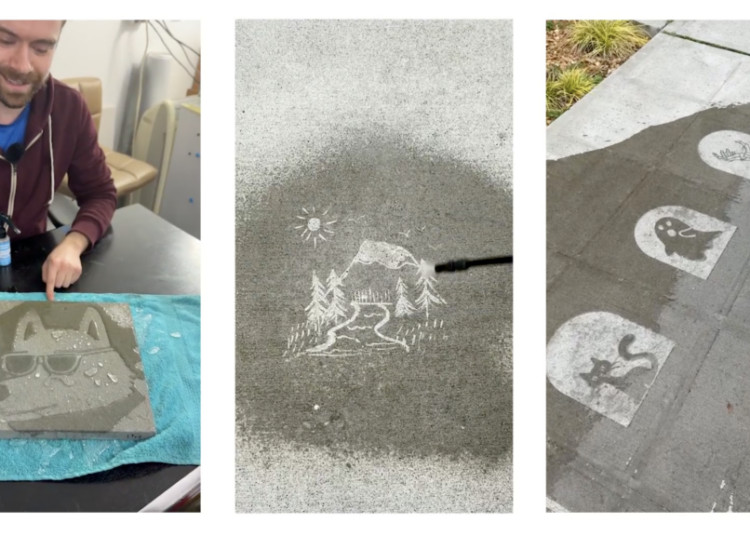 To make people smile when it rains, his sidewalk art appears only when wet