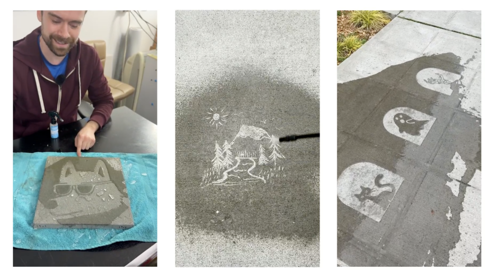 To make people smile when it rains, his sidewalk art appears only when wet