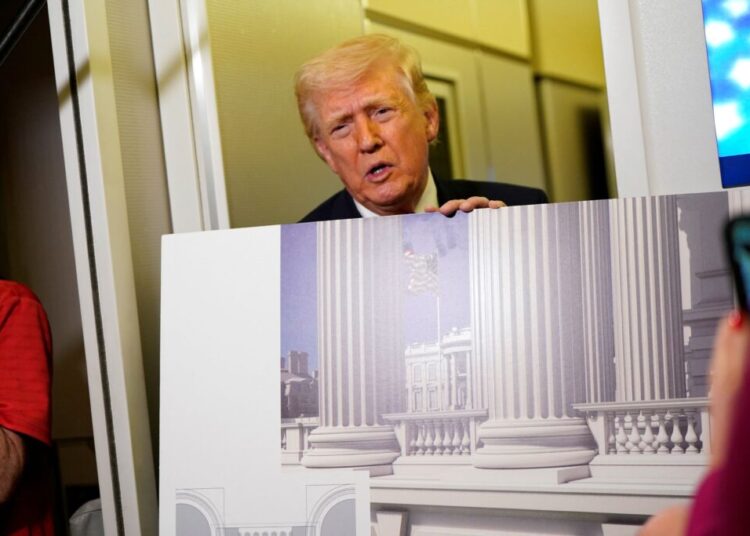 Trump shows off new ballroom designs as he defends $400 million project