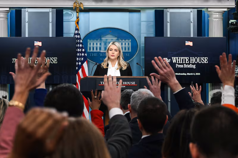 White House Press Secretary Karoline Leavitt speaks during a press briefing in the Brady Briefing Room of the White House in Washington, DC, on March 4, 2026. President Donald Trump will attend a ceremony marking the return of American troops killed during the war on Iran, Leavitt said Wednesday. (Photo by ANDREW CABALLERO-REYNOLDS / AFP via Getty Images)