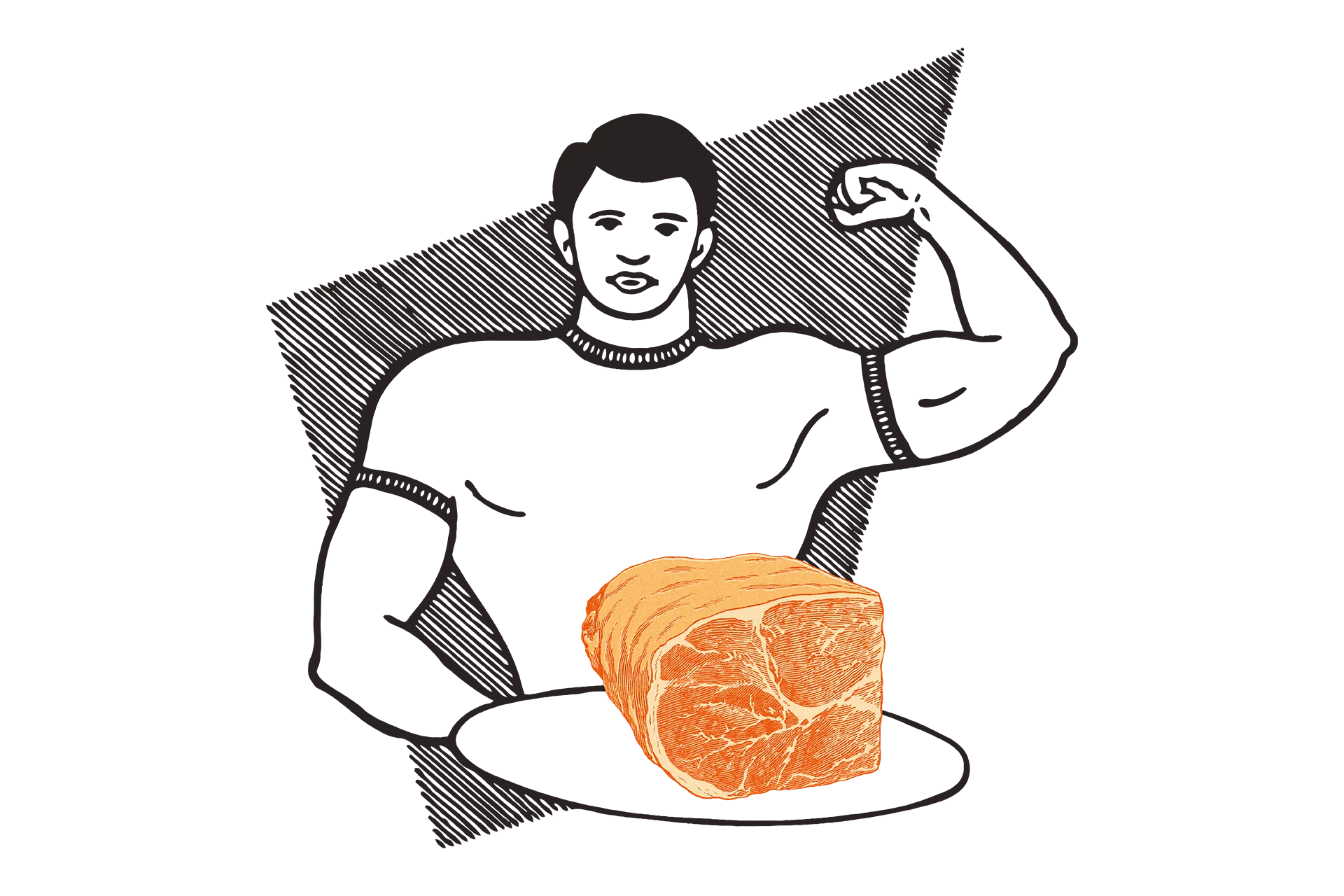 an illustrated man flexes his muscles while holding a large portion of meat on a plate