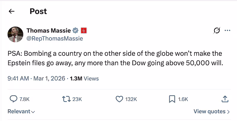 Rep. Thomas Massie vowed he won't be distracted from Jeffrey Epstein.