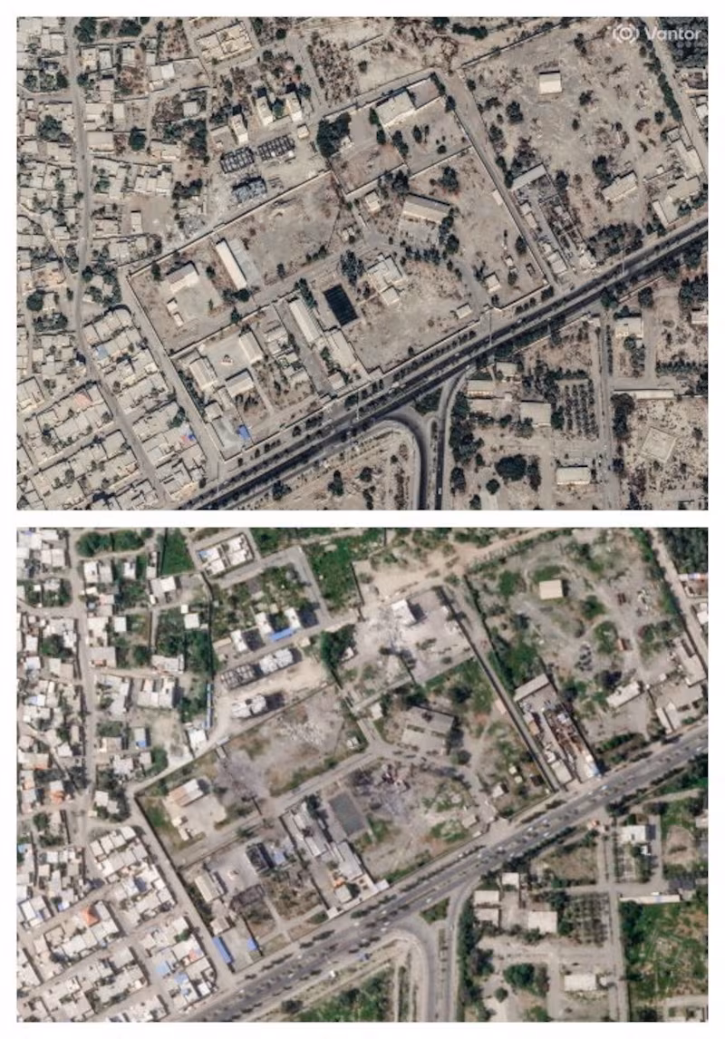 A combination of satellite images shows the Shajareh Tayyebeh girls' school in Minab, Iran, before (above) and after being struck amid the U.S.-Israeli conflict with Iran.