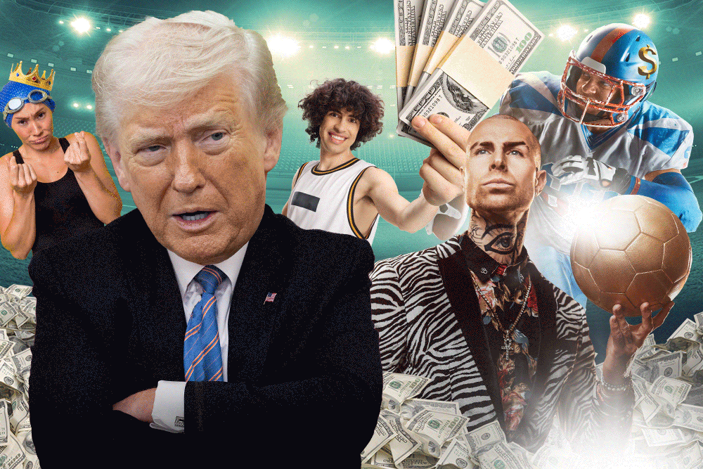 Collage of Donald Trump and college athletes, surrounded by cash, symbolizing the debate over NIL.