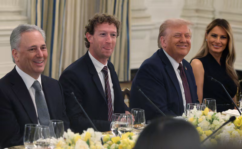 White House “AI and Crypto Czar” David Scahs, Meta CEO Mark Zuckerberg, U.S. President Donald Trump and first lady Melania Trump