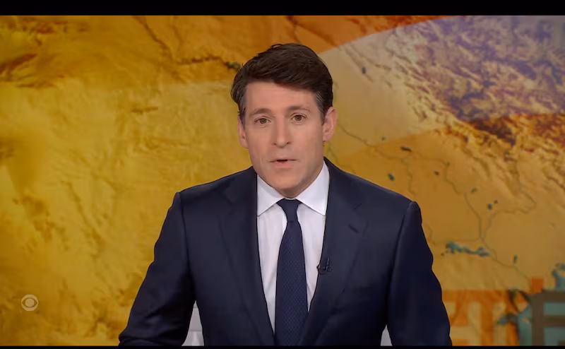 Tony Dokoupil presents a special broadcast covering the U.S. and Israel attacks on Iran in a suit and tie from his anchor desk.