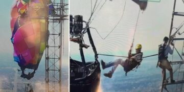 Trapped hot air balloon passengers saved in heart-stopping rescue at nearly 1,000 feet above ground