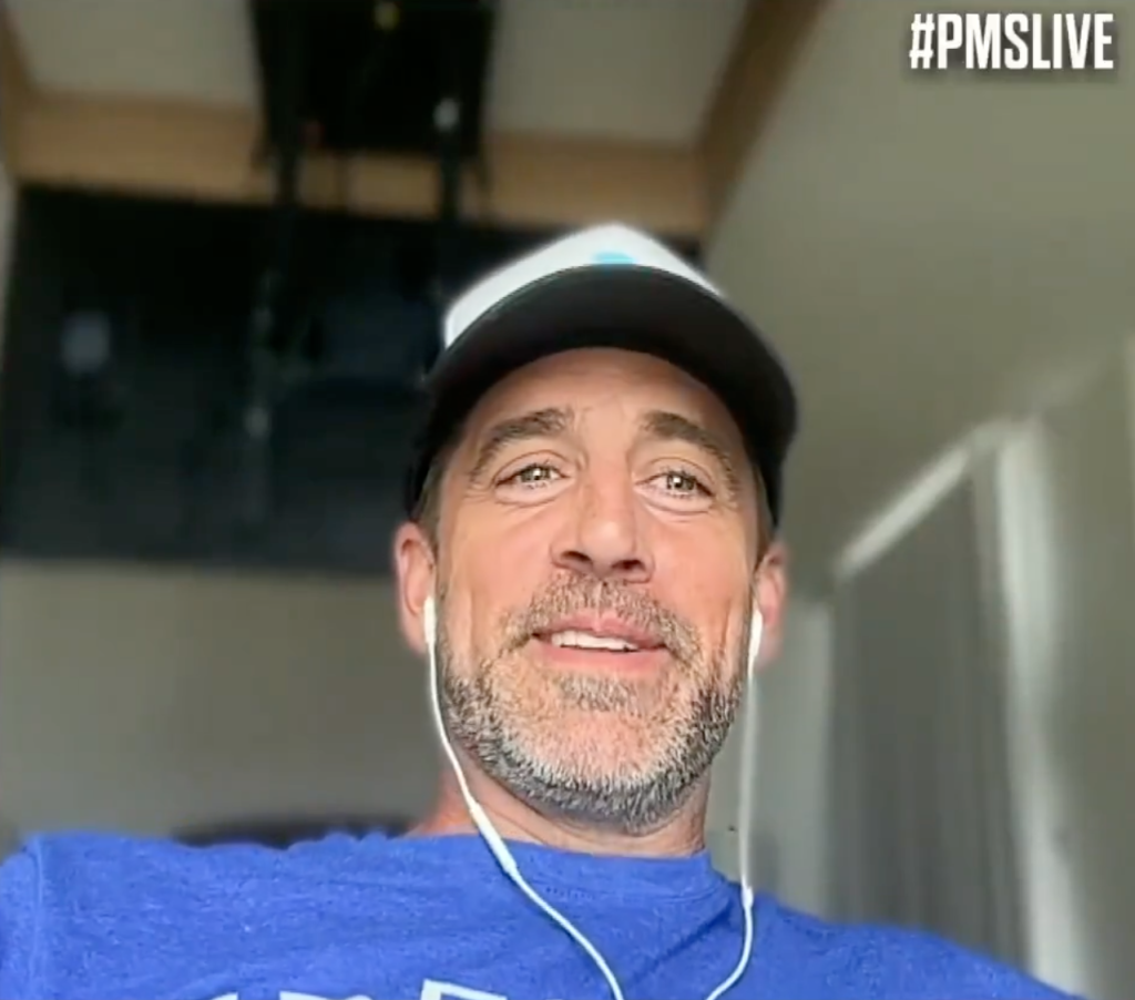 Aaron Rodgers appearing on the Pat McAfee show.