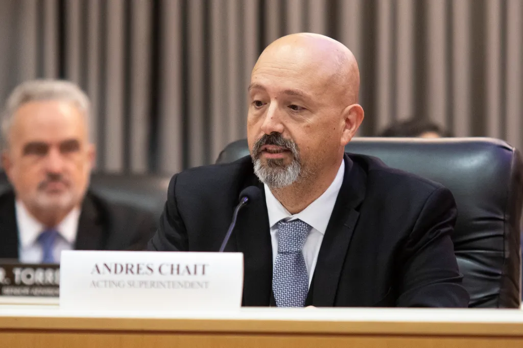 Andres Chait, Acting Superintendent, speaking at a Los Angeles Unified School District (LAUSD) special board meeting.