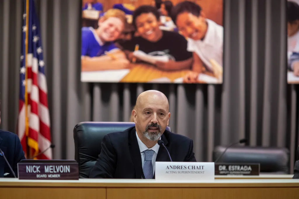 Acting Superintendent Andres Chait speaking at an LAUSD special board meeting.