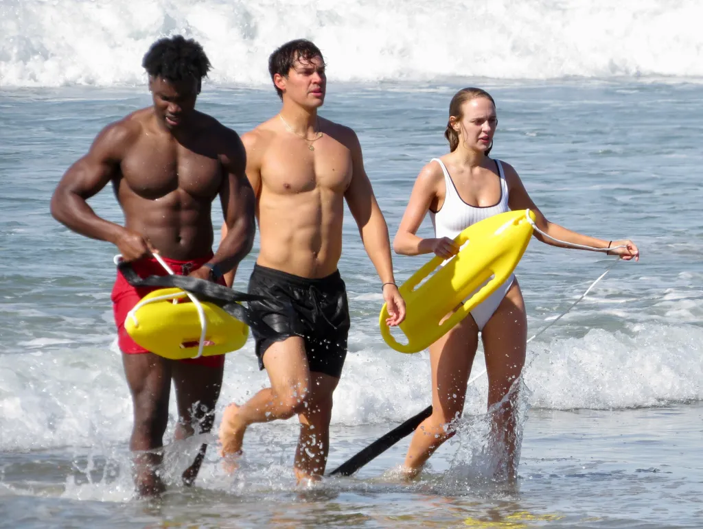 Thaddeus Lagrone, Noah Beck, and Jessica Belkin in character at Baywatch Bootcamp.