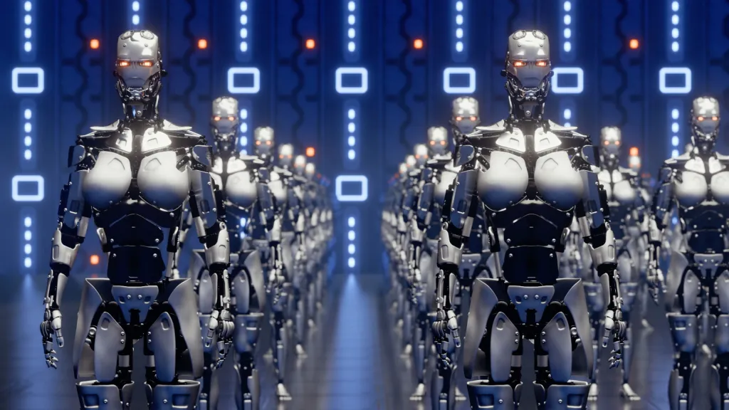 Illustration of a large group of robots with glowing red eyes standing in rows.