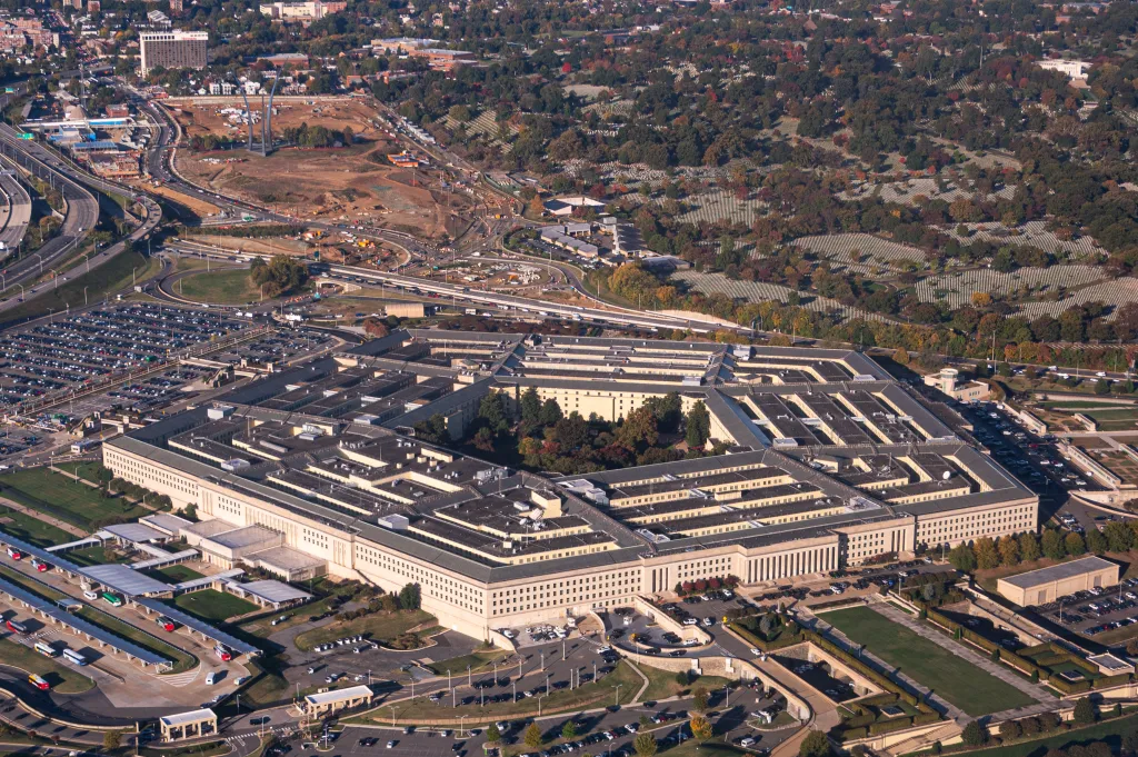 Aerial view of the Pentagon building in Arlington, Virginia.