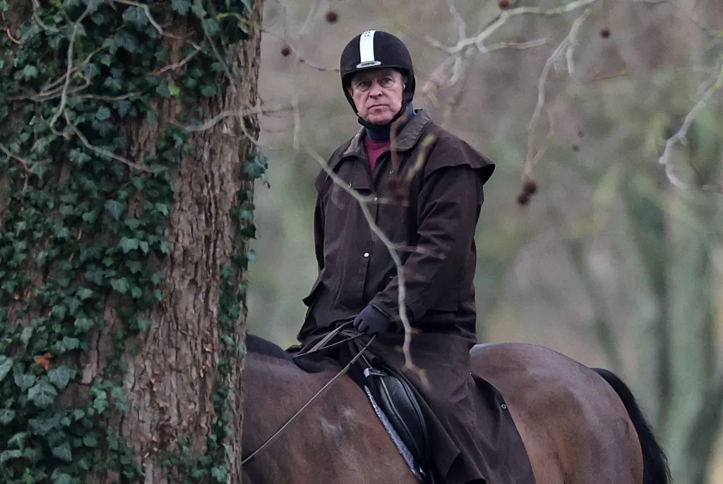 Andrew Mountbatten-Windsor riding a horse in Windsor Great Park.