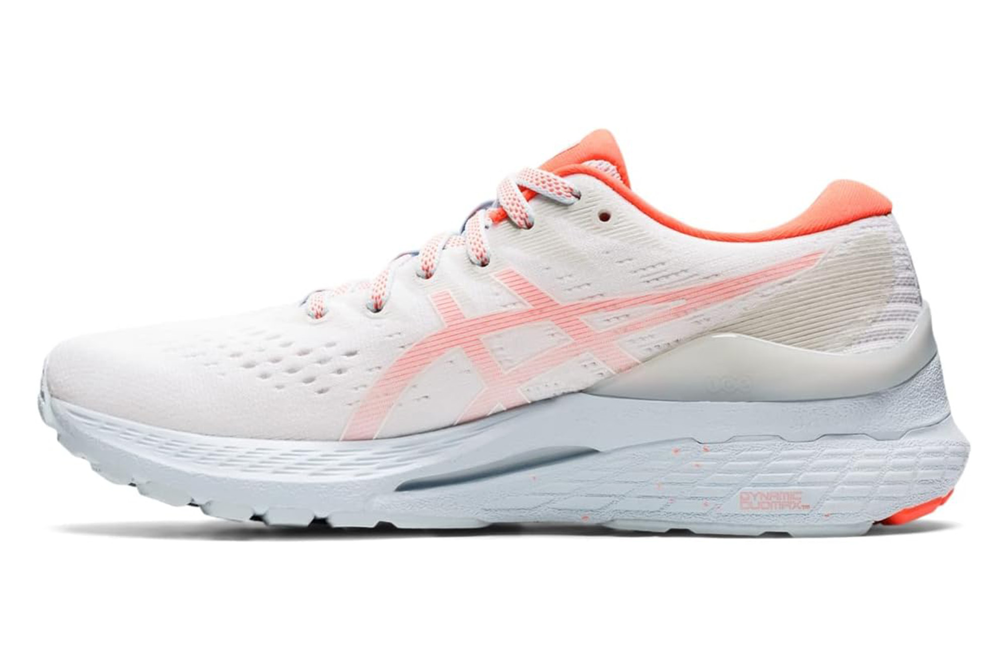 A white and orange Asics seaker