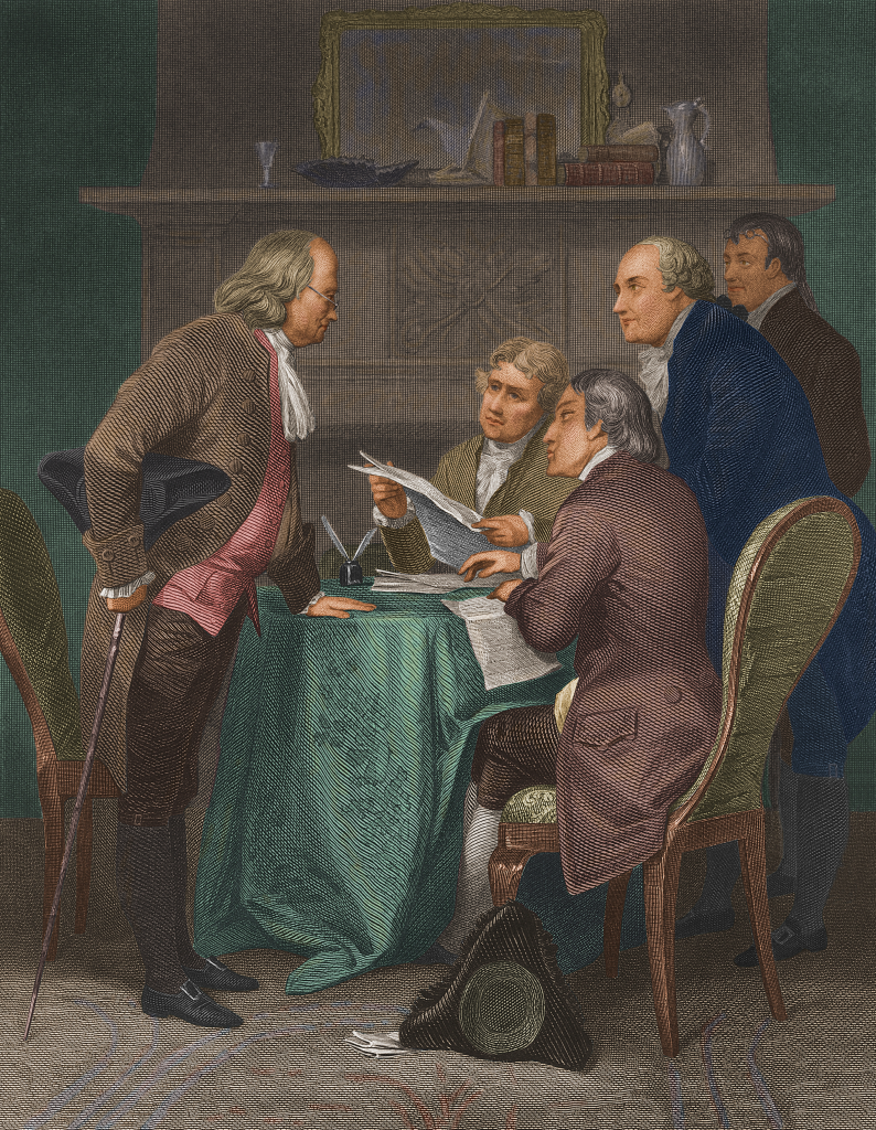 Illustration of Benjamin Franklin, Thomas Jefferson, John Adams, Robert Livingston, and Roger Sherman drafting the Declaration of Independence.