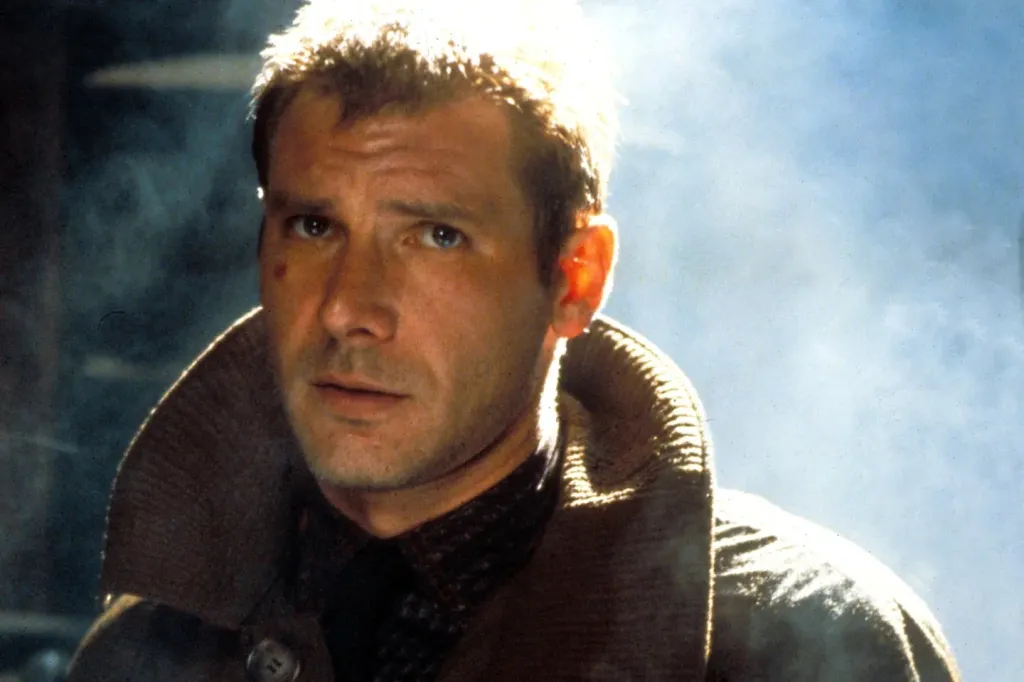 A close-up of Harrison Ford as Rick Deckard in 