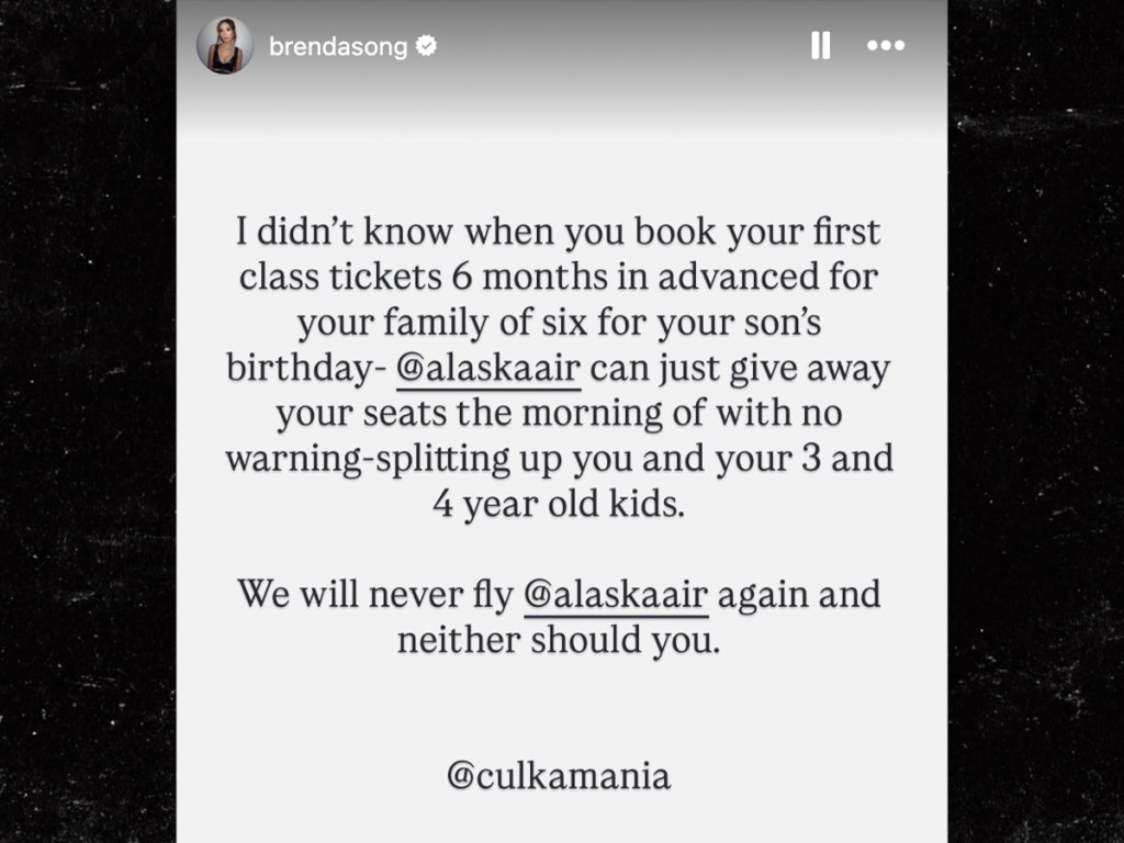 Brenda Song's Instagram story complaining about Alaska Airlines splitting up her family.
