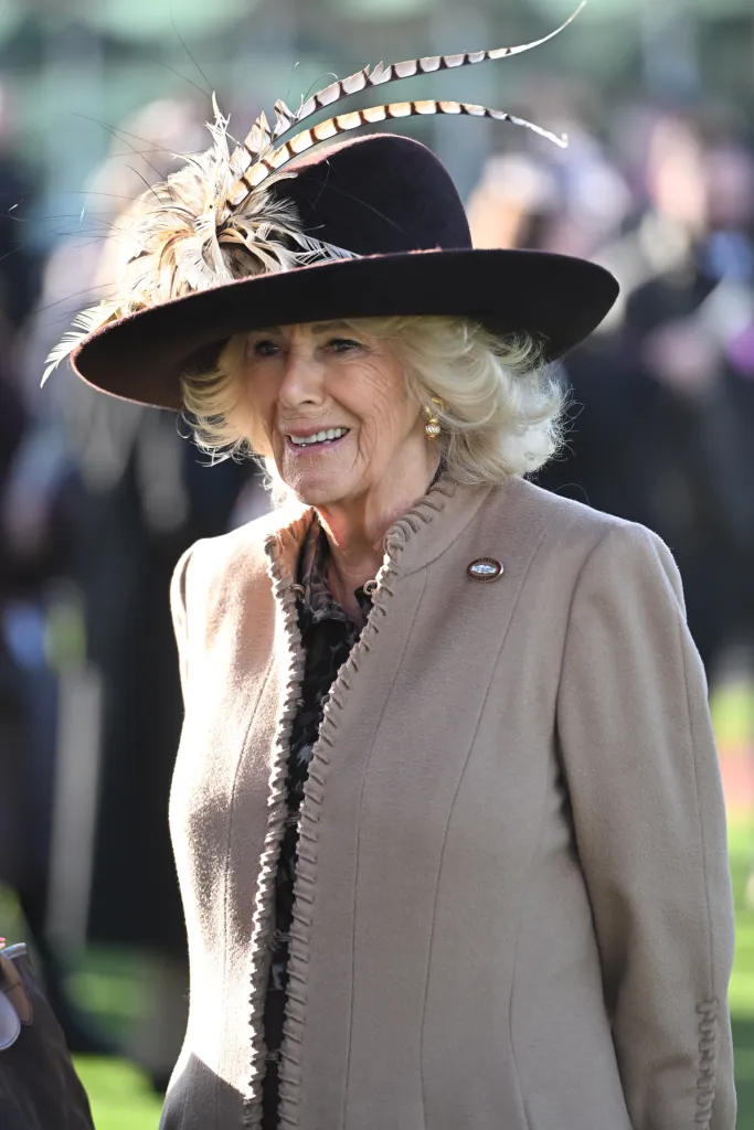 Queen Camilla in a light brown coat and dark hat adorned with feathers.
