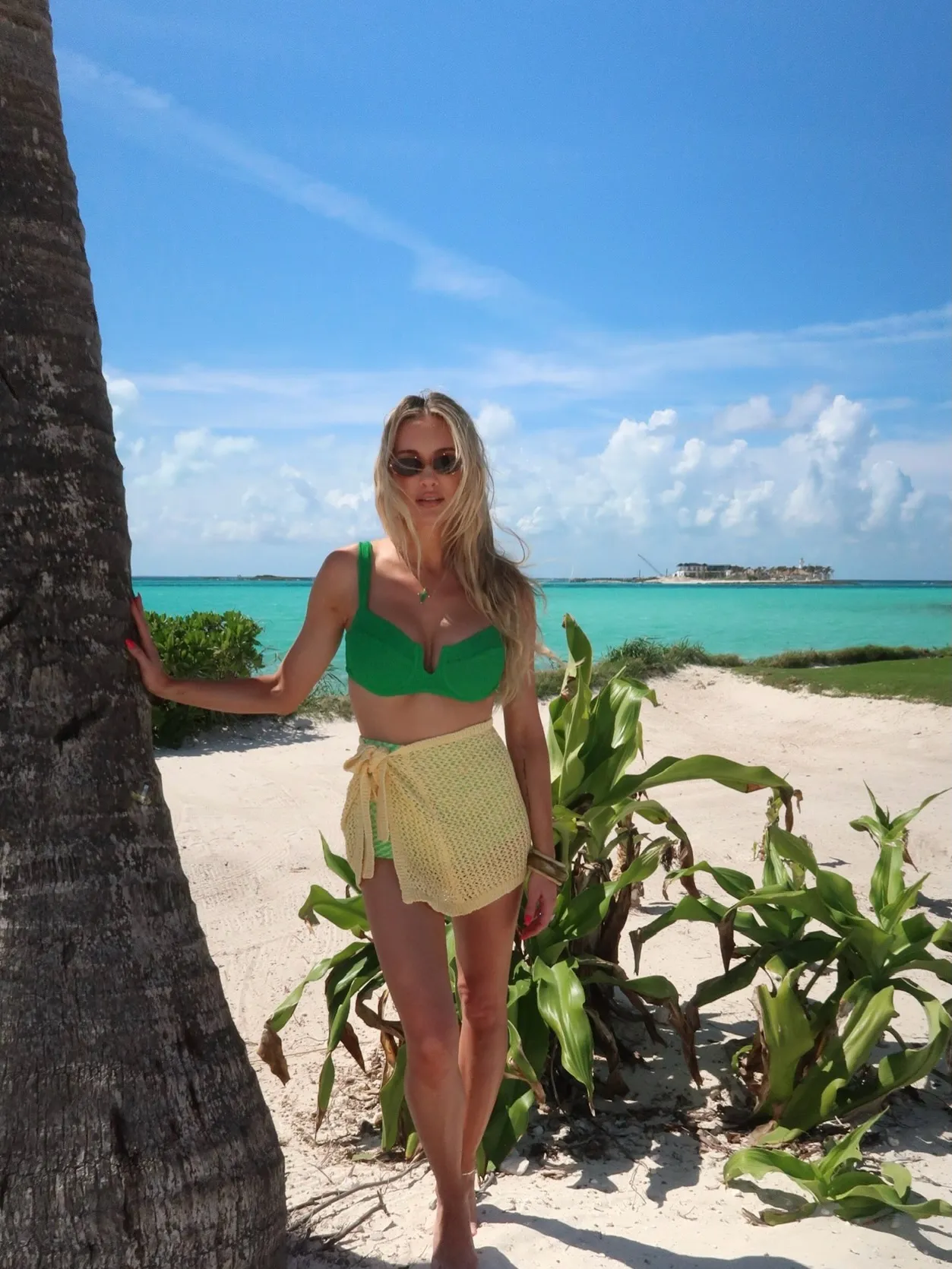 Brittany posed in a green bikini while leaning on a palm tree.