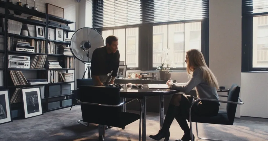 Two people in a modern office, a man standing and a woman seated at a round table, from the 