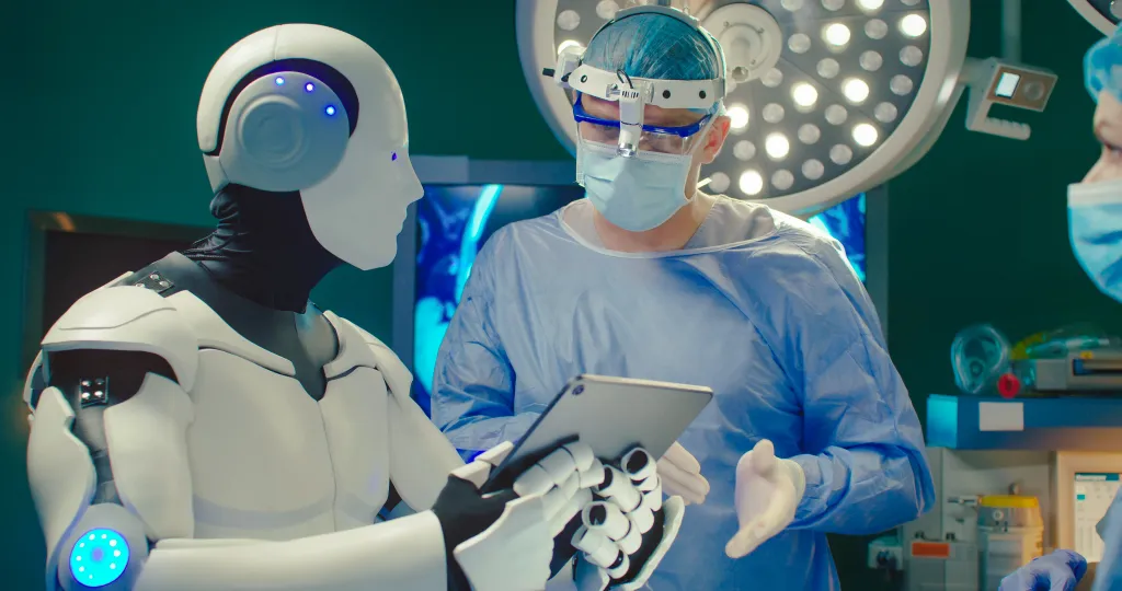 Illustration of a robot holding a tablet assisting a surgeon in an operating room.