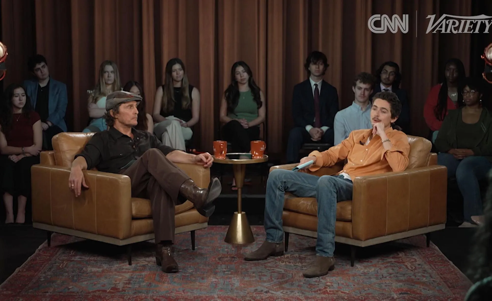 Matthew McConaughey and Timothee Chalamet at a CNN Town Hall.