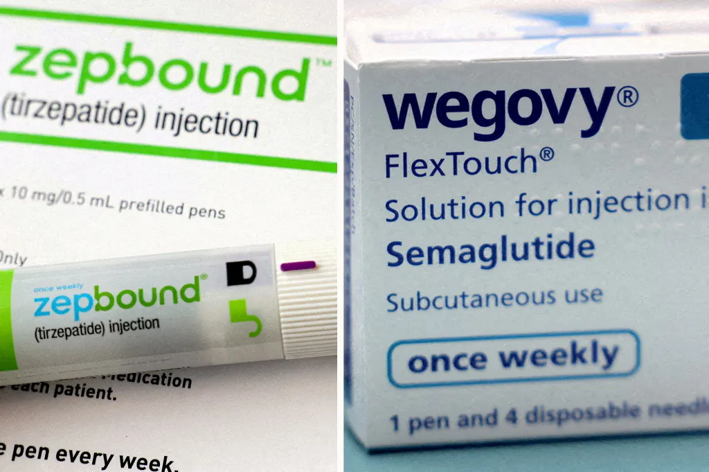 Collage of a Zepbound injection pen and boxes of Wegovy.