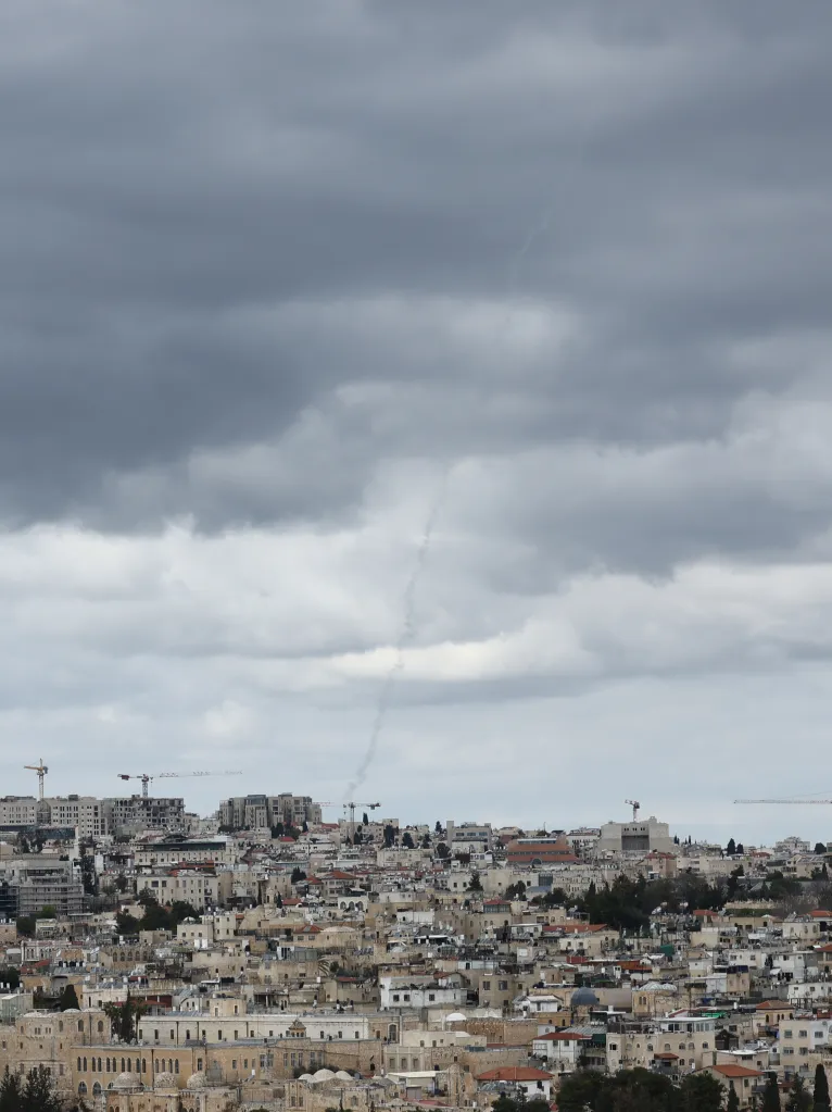 Smoke rise in the sky in the Old City of Jerusalem on Feb. 28, 2026.
