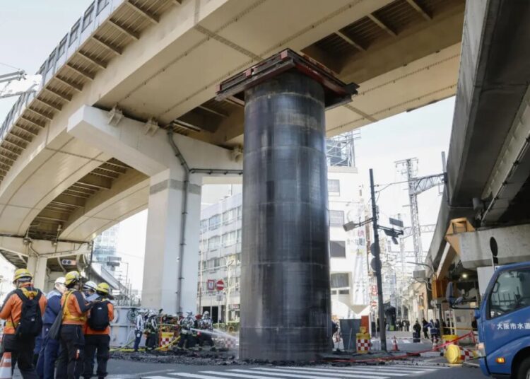Giant pipe mysteriously bursts through ground, rises 30 feet above road in Japan