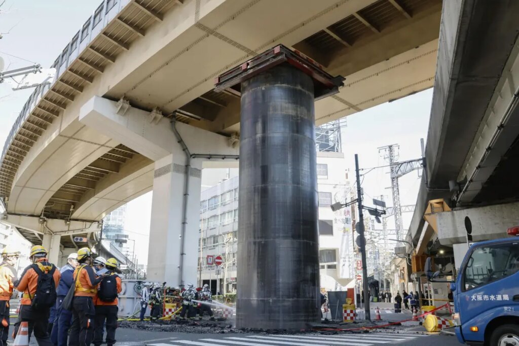 Giant pipe mysteriously bursts through ground, rises 30 feet above road in Japan