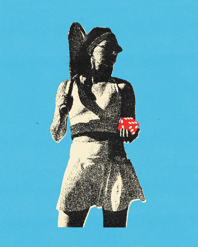 illustration with black-and-white photo of female tennis player about to serve, holding a red-and-white game die instead of a tennis ball on blue background