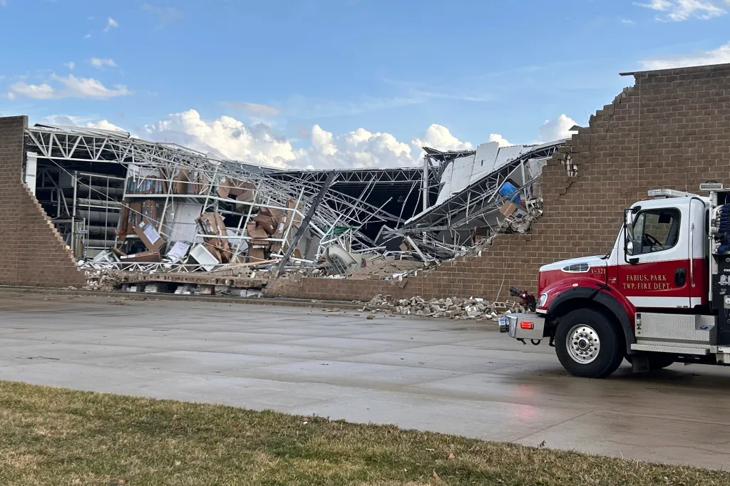 A Menards store is destroyed after a severe storm struck Three Rivers, Michigan on Friday.