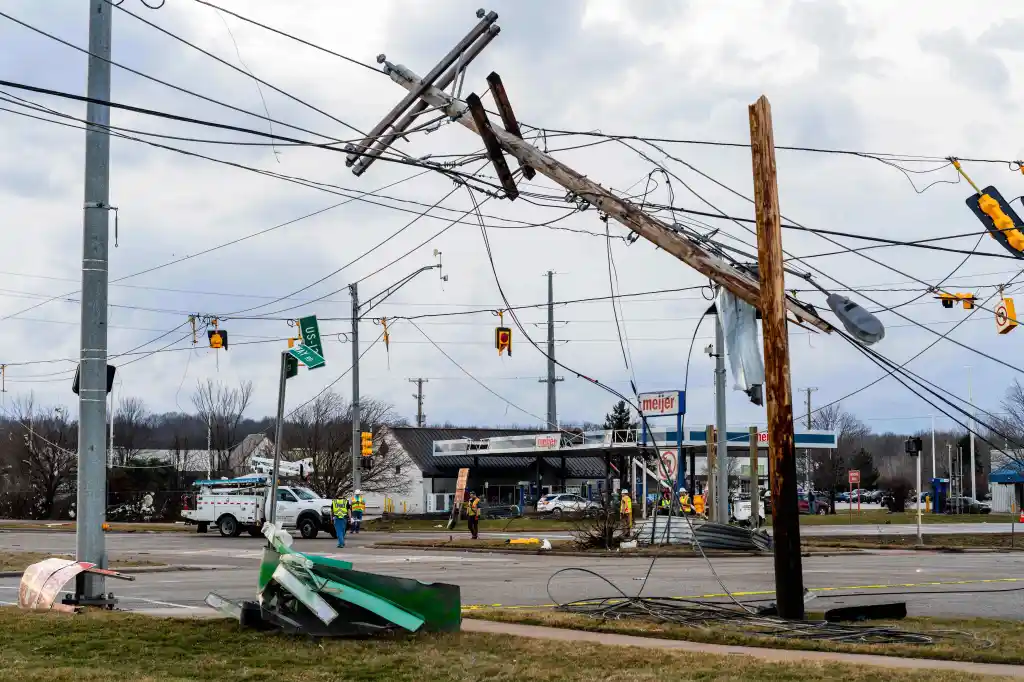 Powerlines are destroyed after a reported tornado tore through Three Rivers, Michigan on March 6, 2026.