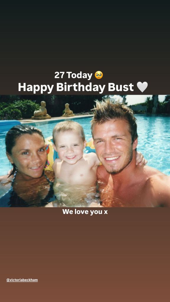 Victoria and David Beckham with their young son in a swimming pool.