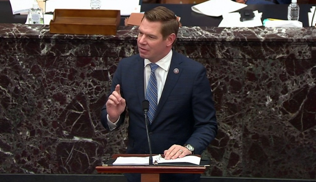 Rep. Eric Swalwell delivers an opening argument during former President Donald Trump's impeachment trial.