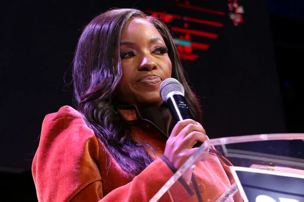 Rep. Jasmine Crockett speaks during a primary election night party in Dallas, Texas, on March 3, 2026.