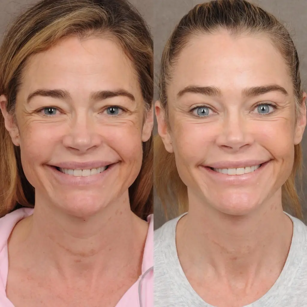 Collage of before and after close-up photos of Denise Richards' facelift transformation.