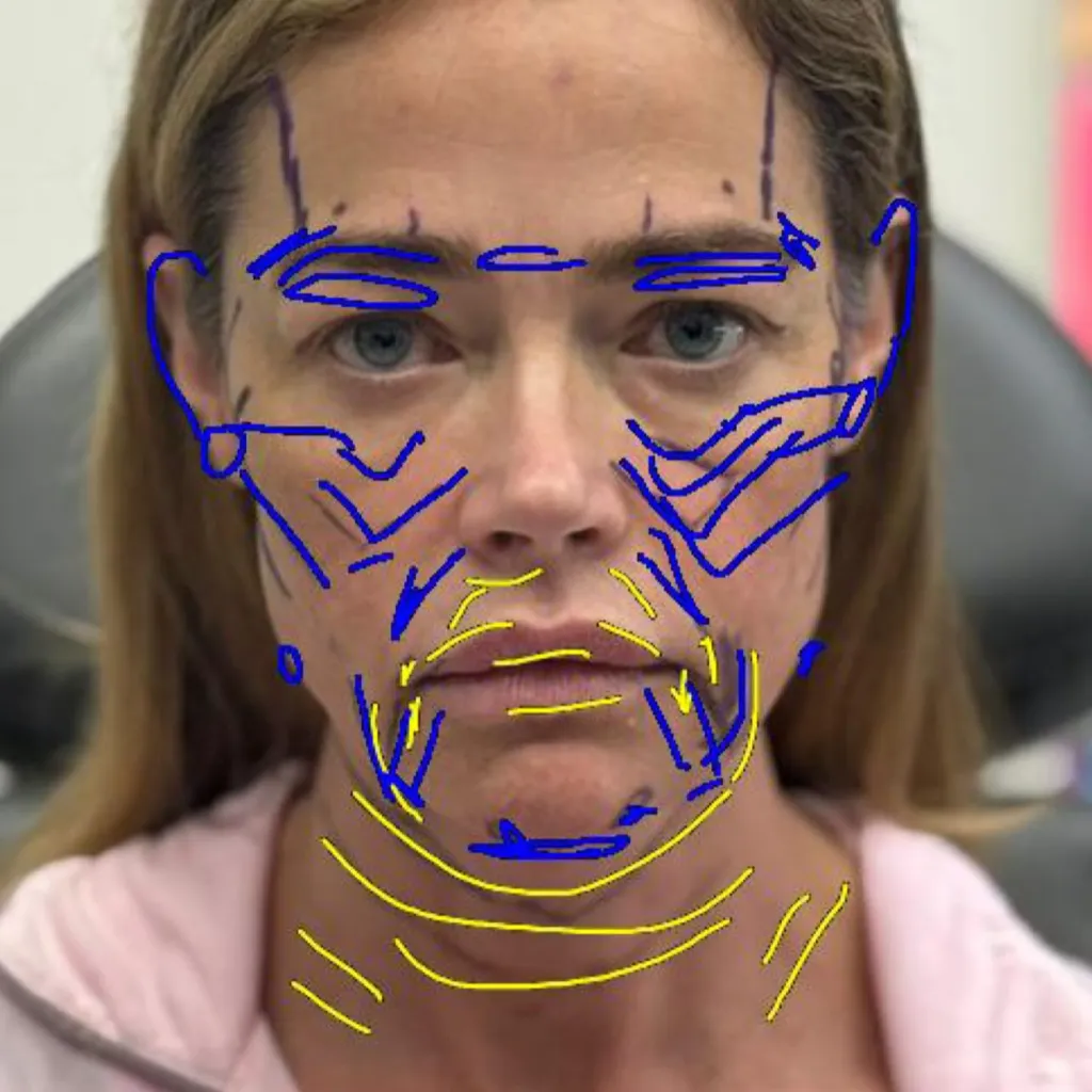 Denise Richards's face with surgical markings for a facelift.