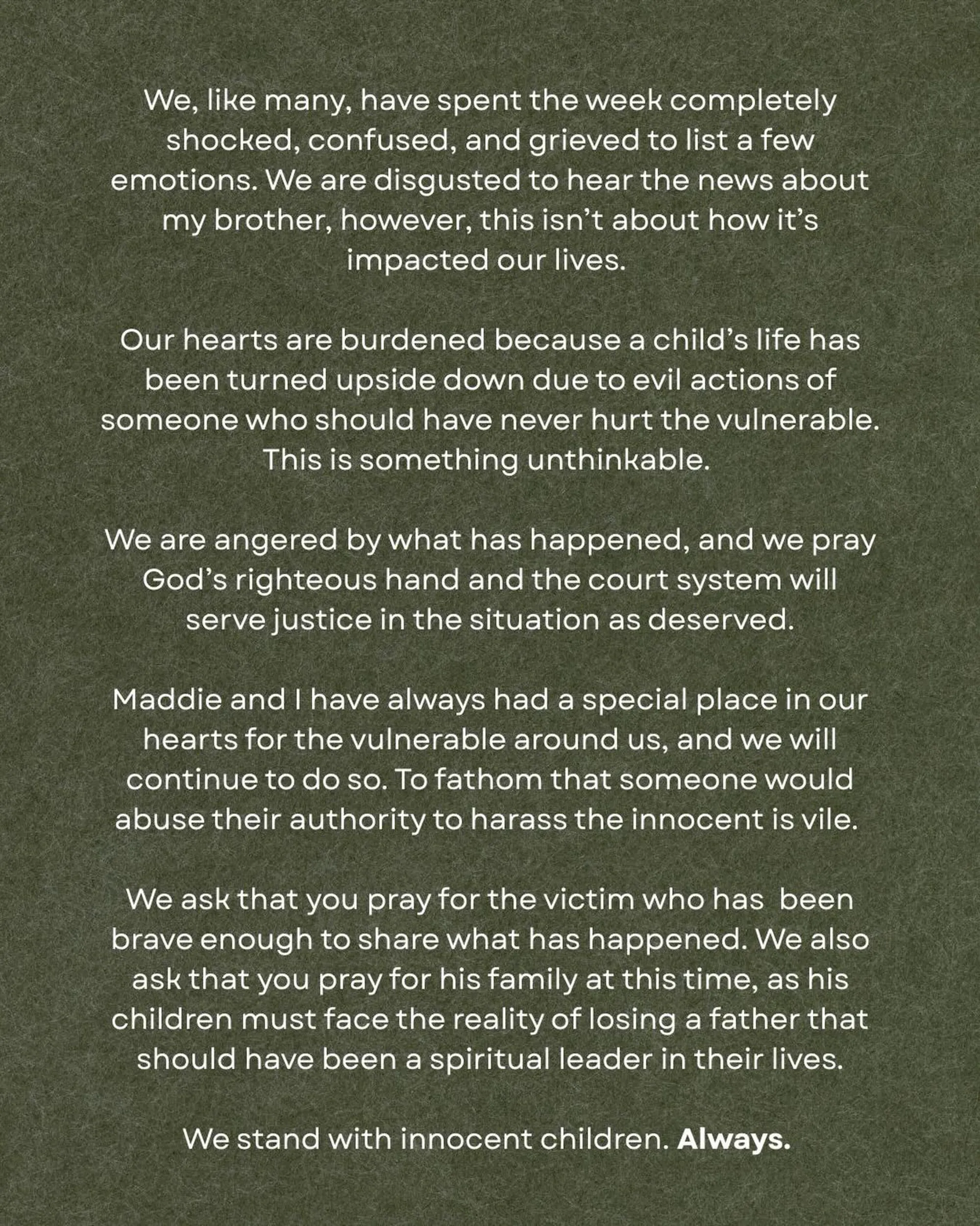 A screenshot of text on a dark green background, where Jason and Maddie Duggar condemn his brother Joseph's alleged sexual abuse.