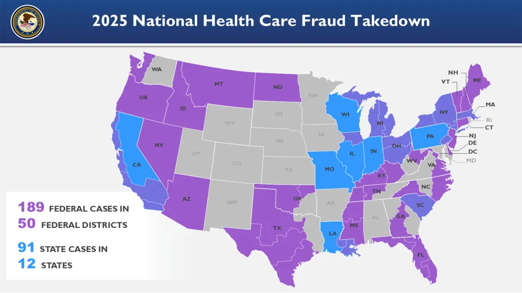Illustration of a map of the United States displaying states and districts with federal and state health care fraud cases.