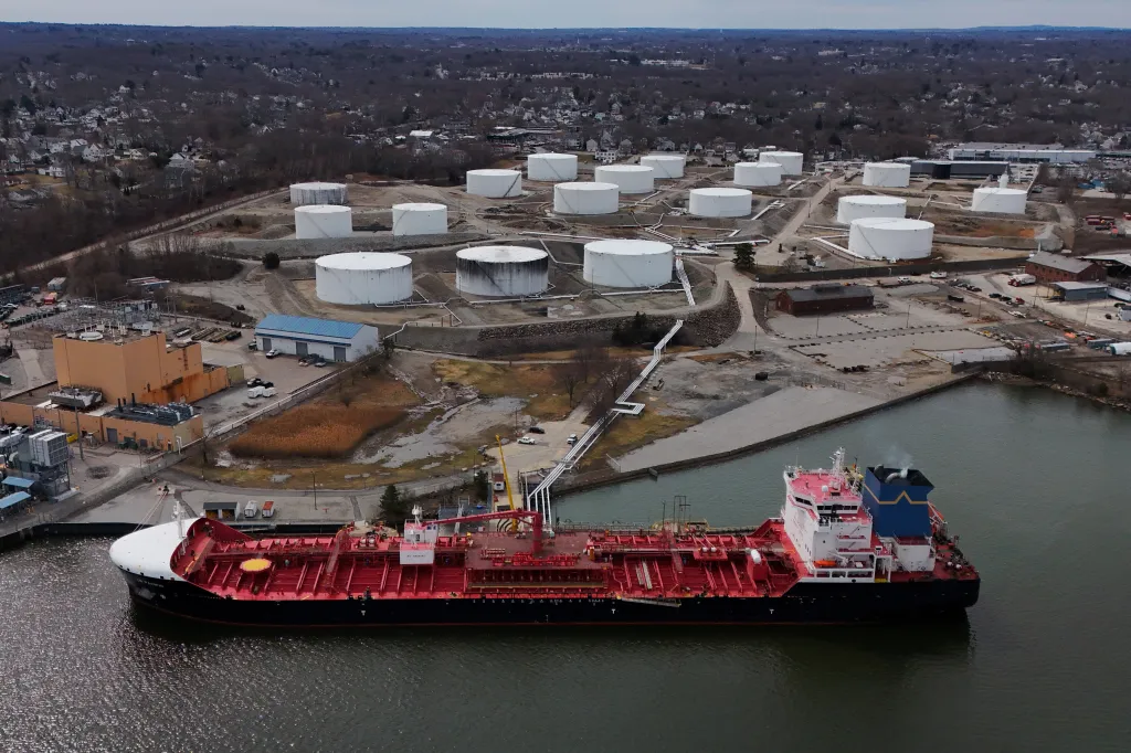 A drone view shows the Portuguese flagged oil and chemical tanker ship CB Pacific docked at the Moran Shipping Agencies’ Citgo Petroleum Quincy/Braintree Terminal.