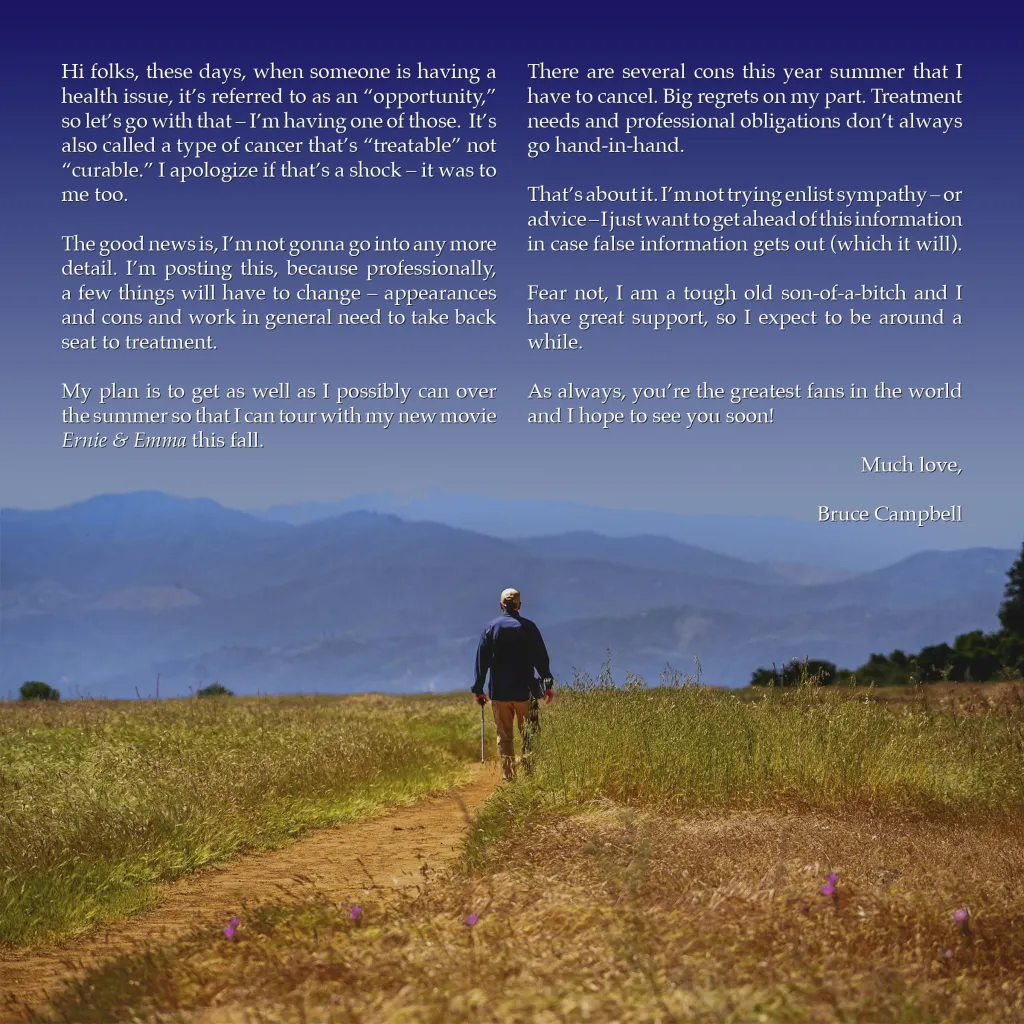 Text from Bruce Campbell on a blue background announcing his 