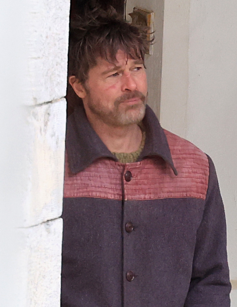 Brad Pitt, in character as Fred Scully, with disheveled hair, a beard, and a facial scratch.