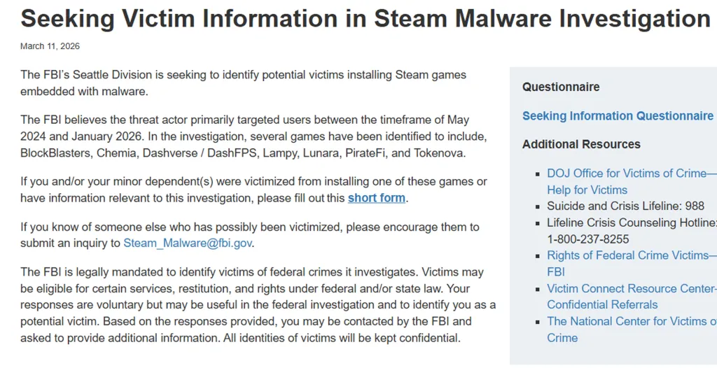 FBI Steam Malware Investigation