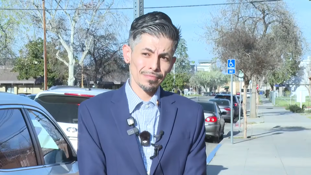 Rene Campos, running for Fresno City Council, at a news conference.